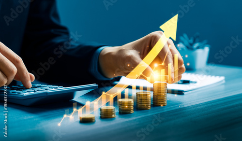 фотографія Business professional stacking gold coins while analyzing a financial growth cha