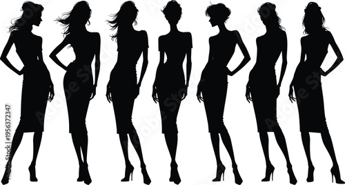 Fashion women silhouettes collection with stylish female models in elegant dresses and high heels poses isolated on white background, beauty, glamour and fashion design concept