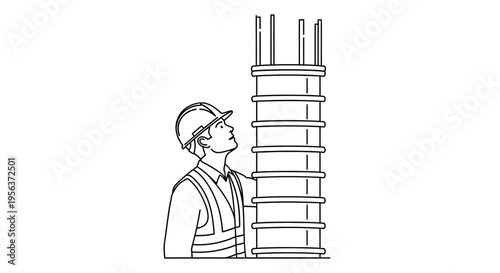Line Art Illustration of Construction Worker in Hard Hat Inspecting Reinforced Concrete Column