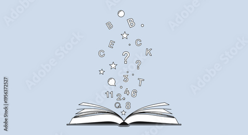 Whimsical learning journey: An open book unleashes numbers, letters, and symbols