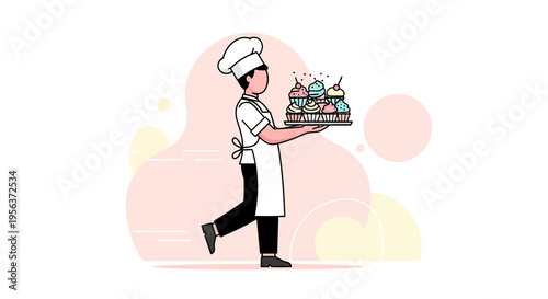 Whimsical pastry chef carrying a tray of delectable cupcakes in a lighthearted setting