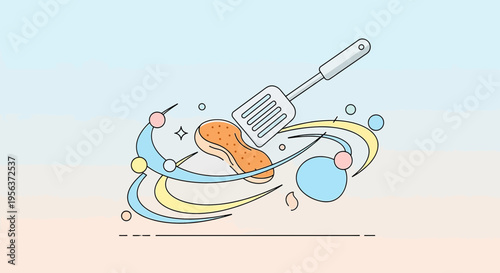 Whimsical spatula flipping a peanut with colorful swirls on a gradient backdrop