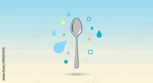 Whimsical Spoon Illustration Amidst Geometric Shapes and Water Droplets on Pastel Gradient