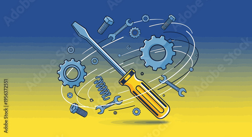Whimsical toolkit illustration featuring gears, wrenches and a screwdriver amid swirling lines