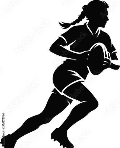 Female rugby player silhouette running with ball in dynamic action pose, woman athlete isolated on white background representing sports, competition, strength and teamwork concept
