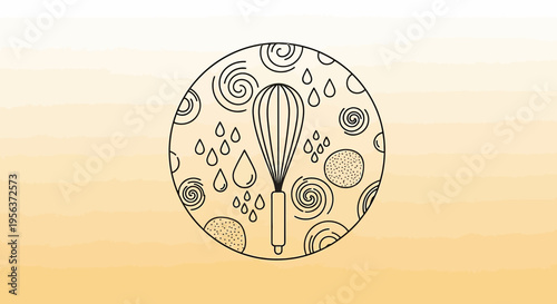 Whisk illustration surrounded by spiral and droplet shapes in a circular composition