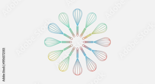 Whimsical whisk kaleidoscope of kitchen tools in pastel hues offering cooking creativity