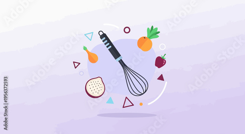 Whisk surrounded by fruit and vegetables on a pastel purple background creates a playful kitchen