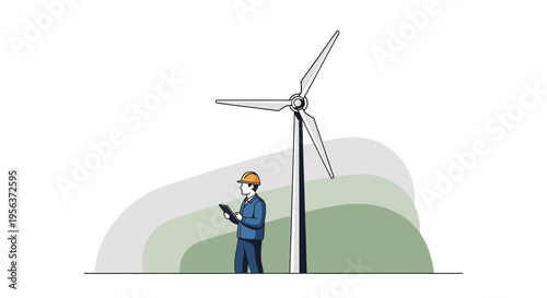 Wind turbine inspection with engineer using tablet for renewable energy project monitoring