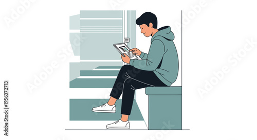 Young man engrossed in tablet activities sitting on bench in a modern interior space