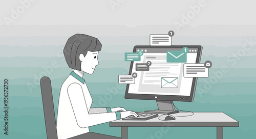 Young professional girl overwhelmed with email overload managing digital communication