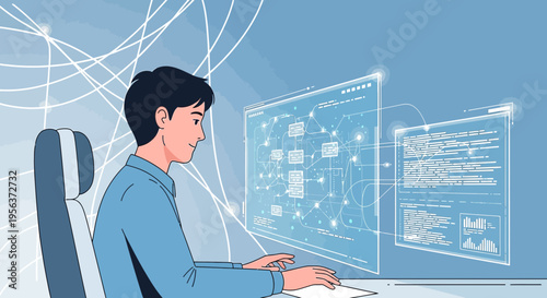 Young professional developing innovative software solutions with future tech interfaces