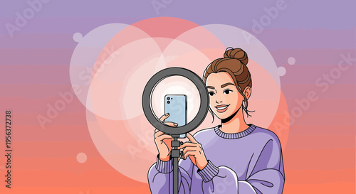 Young woman creating content with ring light for social media vibrant background