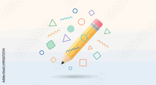 Whimsical Illustration of a Pencil Surrounded by Colorful Geometric Shapes on Soft Background