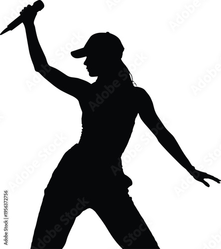 Female Singer Silhouette Holding Microphone, Dynamic Stage Performance Pose Isolated on White Background for Music Concert, Entertainment Industry, Talent Show, and Performance Concept