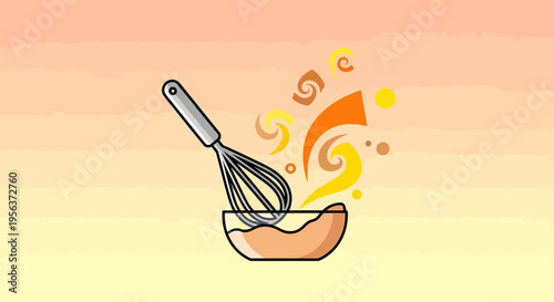 Whimsical illustration of a whisk mixing ingredients in a bowl with stylized swirls creating an