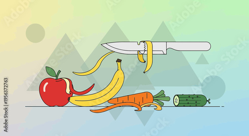 Whimsical Illustration of Fresh Fruits and Vegetables with Peeling Knife against Pastel Backdrop