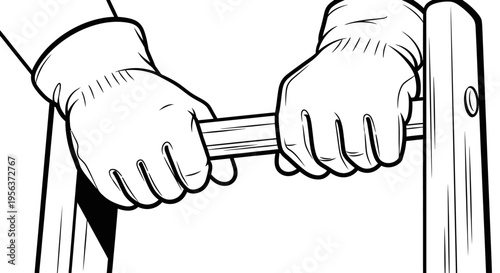 Close-Up Illustration of Gloved Hands Gripping a Ladder Rung, Minimalist Black and White Line Art for Safety, Manual Labor, and Career Progress Concepts