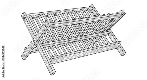 Wooden dish drying rack line drawing on white background