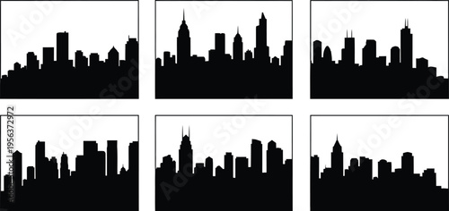 Collection of six modern city skyline silhouettes, black vector icons of urban horizons and skyscrapers isolated on white for metropolitan branding.