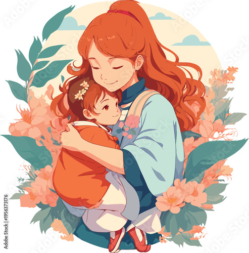 Mother Hugging Her Child Tenderly, Surrounded by Flowers, Warm Family Illustration