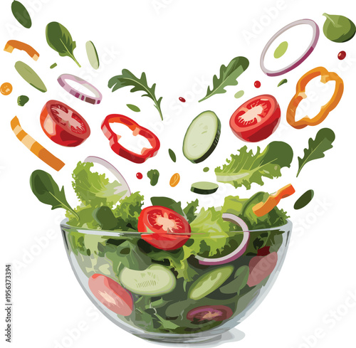 Fresh colorful vegetable salad illustration with tomato, cucumber, onion, bell pepper, leafy greens tossed in glass bowl, healthy eating concept vibrant food artwork