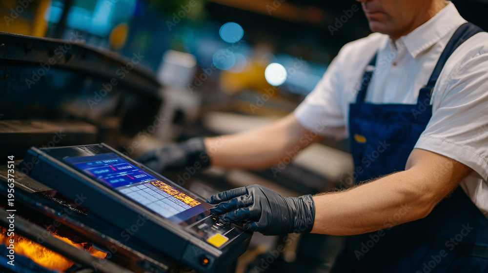 Fototapeta premium Close-up of a technician monitoring a pyrometer while carbon steel blades heat inside an oven, digital display clearly visible, controlled environment highlighting precision in cus