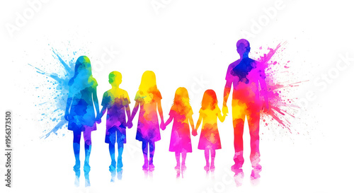 Happy father's day family silhouette with colorful watercolor effect