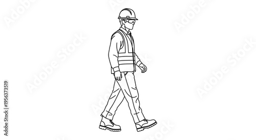 Line Art Illustration of a Construction Worker Walking in Full Safety Gear - Isolated Vector Style