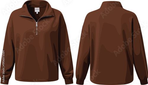 Brown half zip pullover sweatshirt vector illustration front and back view modern casual sporty minimal outerwear apparel design