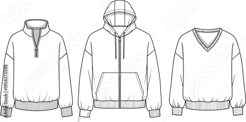 Sweatshirt hoodie and pullover set vector illustration front view minimal line art casual apparel outerwear fashion collection design