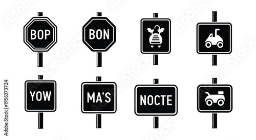 Collection of black and white road signs with varying symbols and text