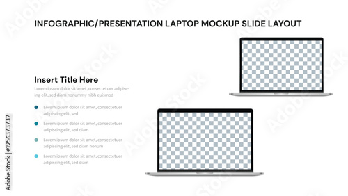 Business presentation slide featuring laptop mockups and placeholder text sections