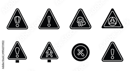 Collection of black and white road signs with varying symbols and text