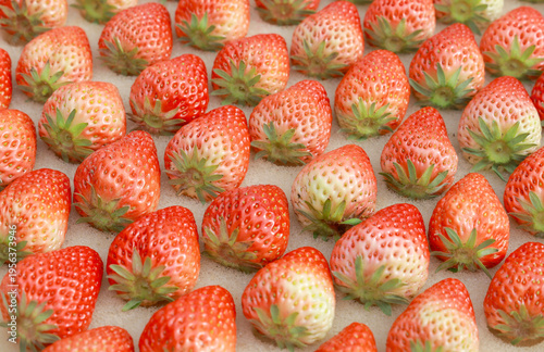 Many fresh strawberries are arranged together