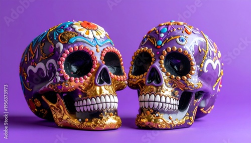 Wallpaper Mural Two beautifully decorated sugar skulls facing each other on a purple background. Torontodigital.ca