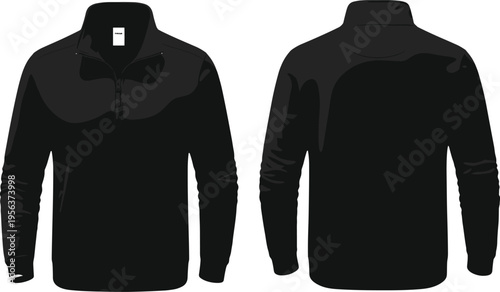 Black half zip pullover sweatshirt vector illustration front and back view modern minimal sporty casual outerwear apparel design