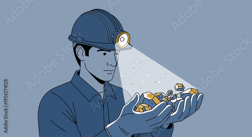 A miner holding raw gemstones illuminated by his helmet lamp in an illustration