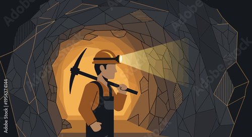 A Miner's Journey: Exploring the Depths of the Earth in a Stylized Illustration