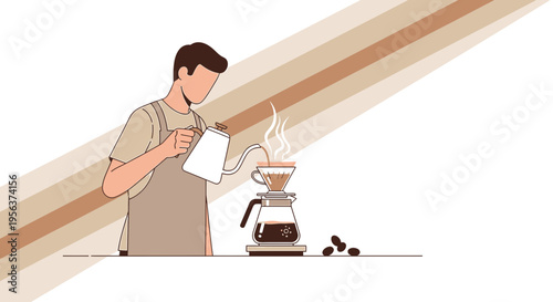 A minimalist illustration of a barista pouring hot water to brew drip coffee using a glass server
