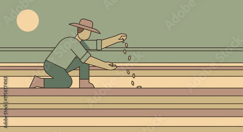 A Minimalist Illustration of a Farmer Planting Seeds in a Field Under a Bright Sun