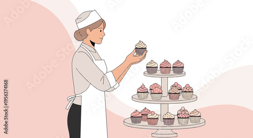 A pastel illustration of a female baker presenting a cupcake from a tiered display
