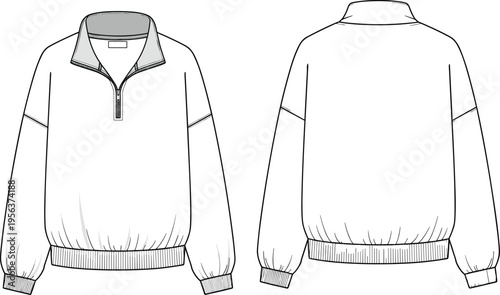 Half zip pullover sweatshirt outline vector illustration front and back view clean minimal line art casual outerwear apparel design