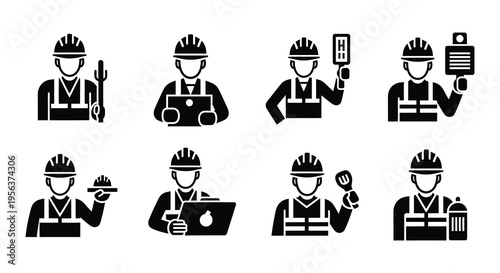 Construction workers using various tools and technology in black and white