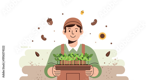 A cartoon illustration of a farmer holding a tray of seedlings amid scattered seeds, emphasizing