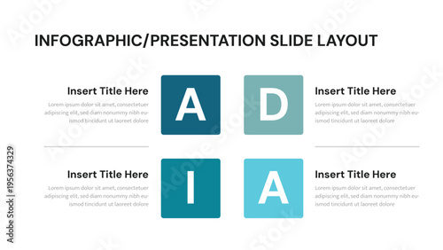 Four square boxes infographic layout with letters A D I A