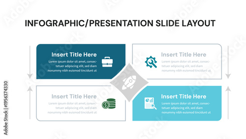 Four step business process diagram with central rocket icon
