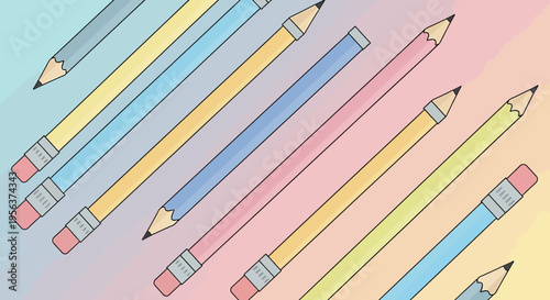 A colorful pencil arrangement on a soft pastel background creating a playful pattern design