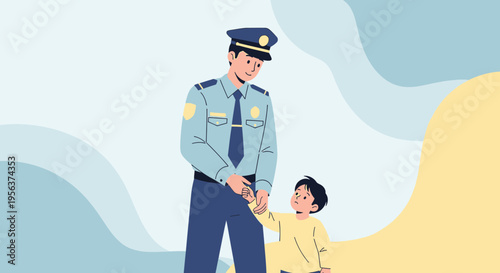 A comforting policeman illustration supporting a young boy providing reassurance and safety symbol