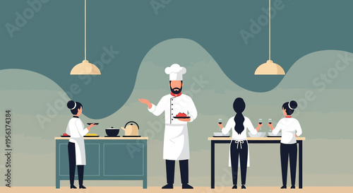 A Culinary Team at Work, Featuring a Chef and Staff in a Modern Kitchen Setting